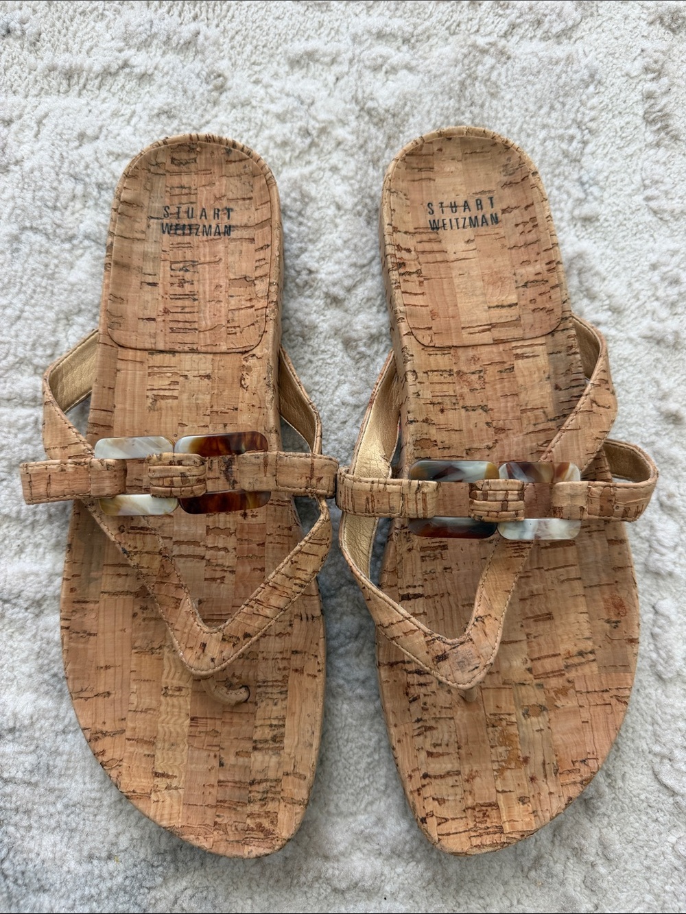 Stuart Weitzman Cork Slide Sandals with Tortoiseshell Accents
